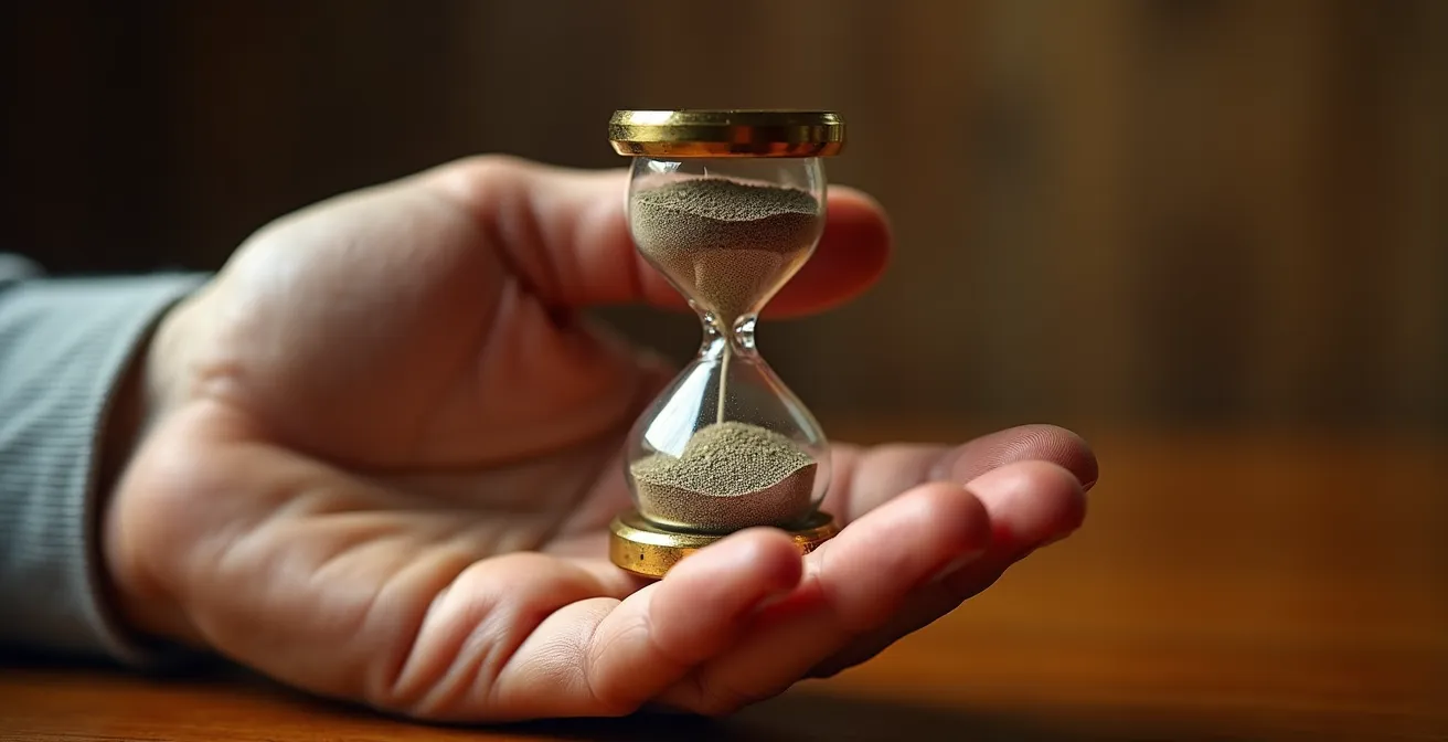 Main tenant un sablier avec effet de bokeh représentant le temps qui s'écoule