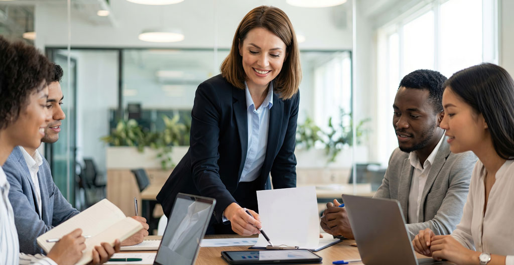 Vue grand angle d'un espace de bureau contemporain lumineux avec tableaux de bord financiers affichés sur des écrans muraux, postes de travail vides et épurés