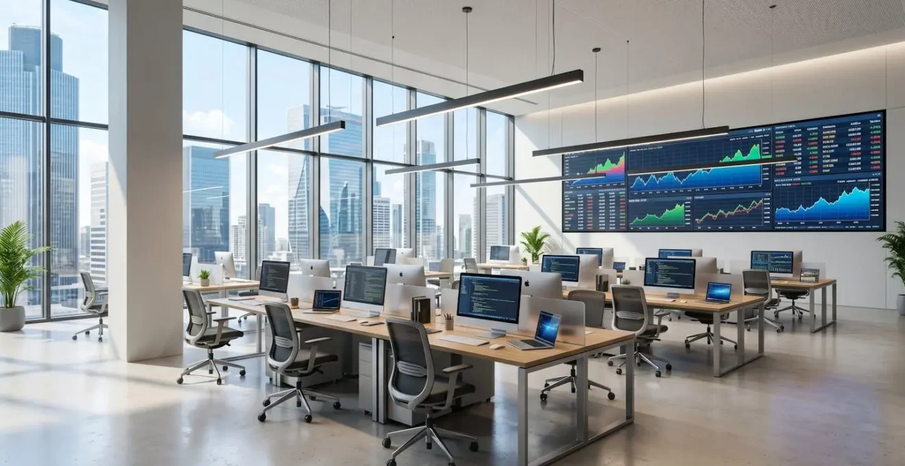 Vue grand angle d'un espace de bureau contemporain lumineux avec tableaux de bord financiers affichés sur des écrans muraux, postes de travail vides et épurés