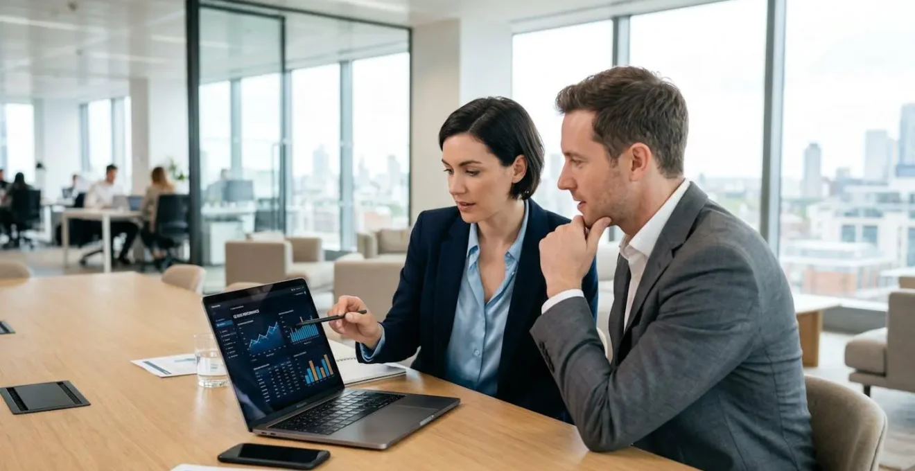 Deux professionnels en entreprise moderne consultent ensemble un tableau de bord financier sur un ordinateur portable, vue de profil, interaction naturelle