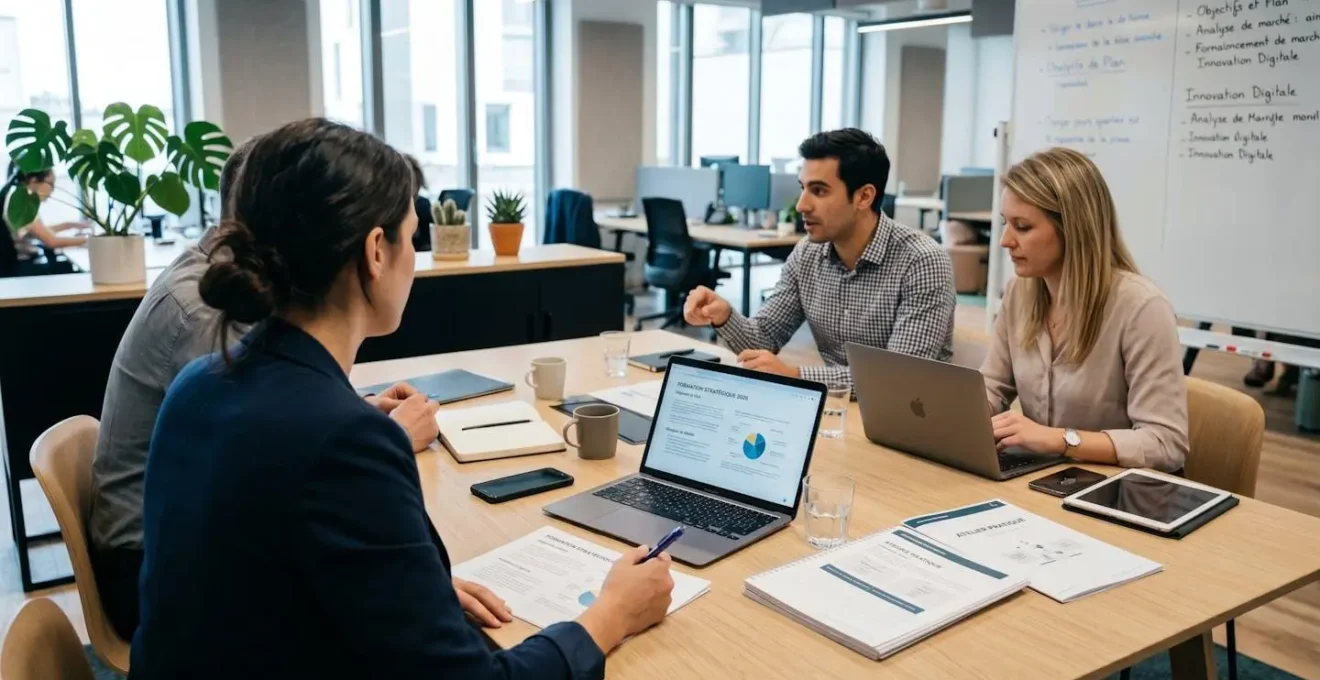 Groupe de professionnels en réunion de formation autour d'une table avec documents et ordinateurs portables