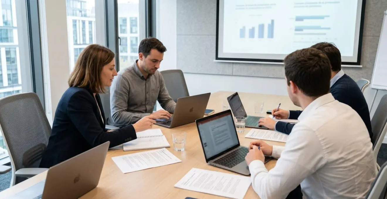 Groupe de professionnels en réunion de formation autour d'une table avec documents et ordinateurs portables