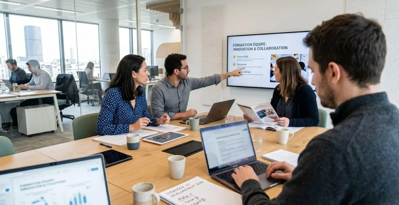 Groupe de professionnels en réunion de formation autour d'une table avec documents et ordinateurs portables