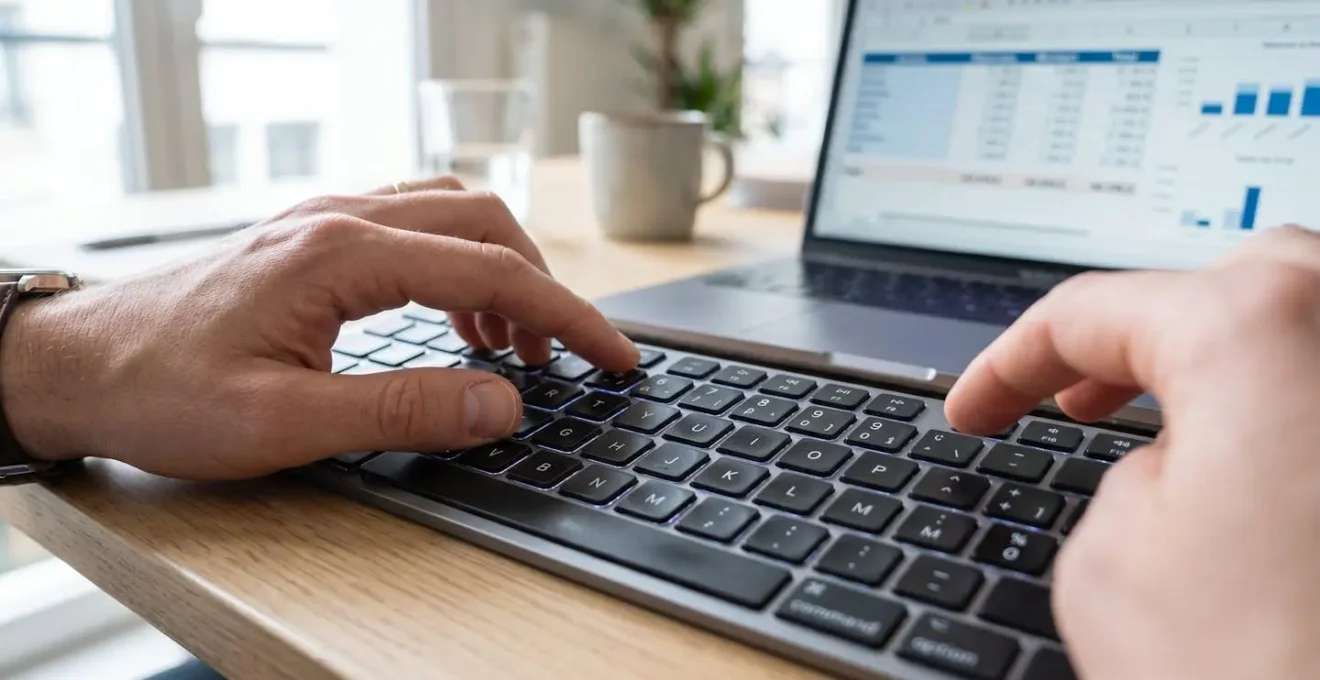 Gros plan sur des mains tapant sur un clavier d'ordinateur moderne, feuille de calcul financier floutée en arrière-plan, bureau épuré