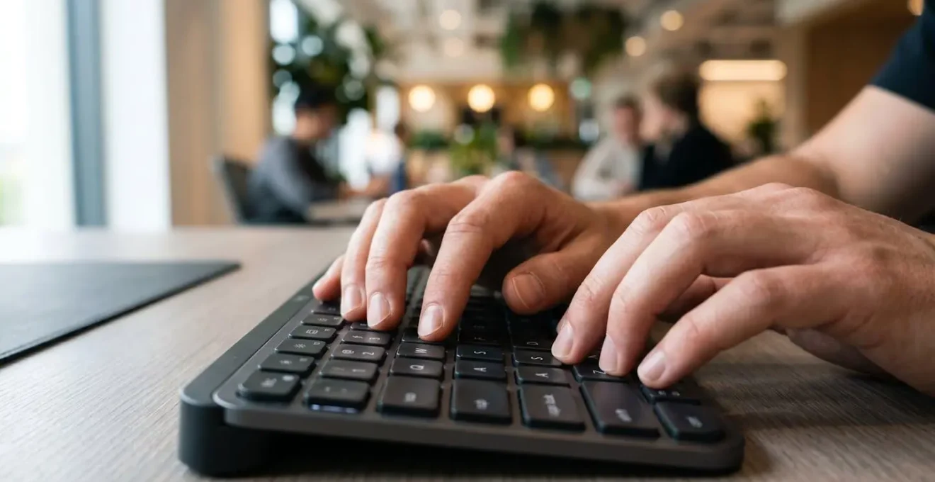 Gros plan sur des mains tapant sur un clavier d'ordinateur avec un arrière-plan flouté dans un bureau moderne