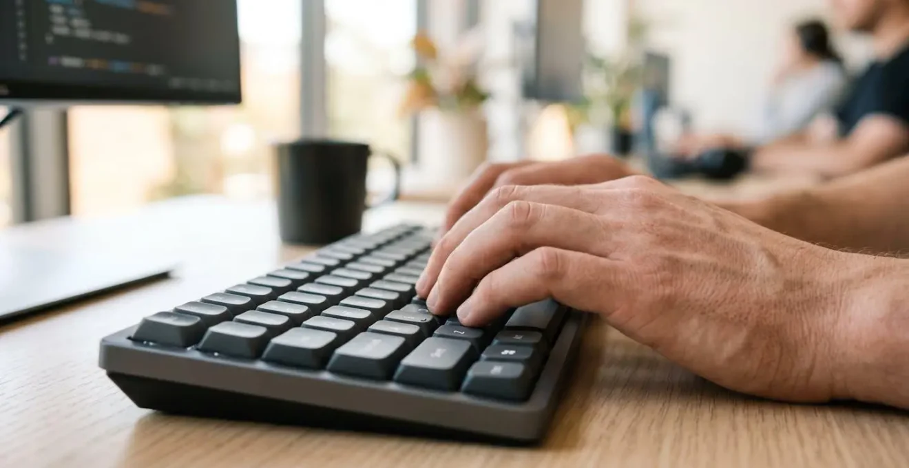 Gros plan sur des mains tapant sur un clavier d'ordinateur avec un arrière-plan flouté dans un bureau moderne