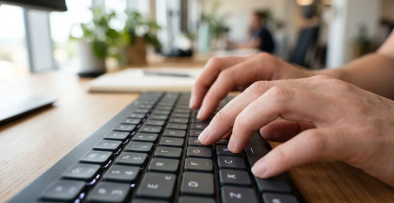 Gros plan sur des mains tapant sur un clavier d'ordinateur avec un arrière-plan flouté dans un bureau moderne