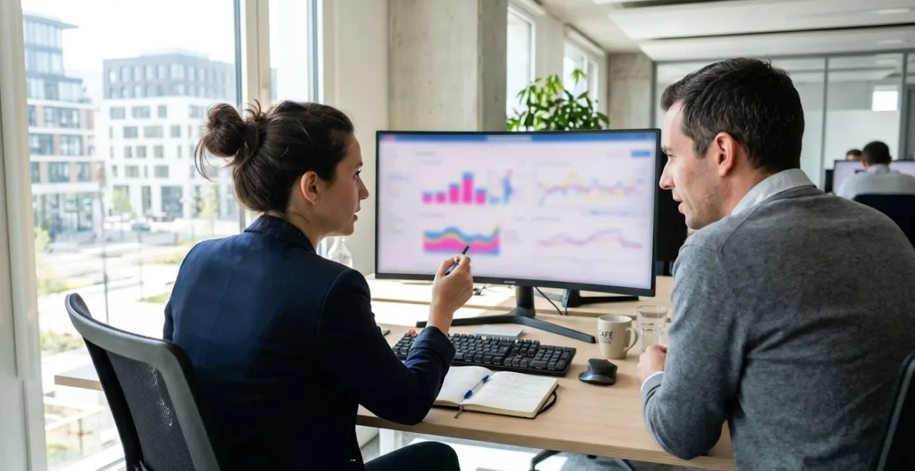 Deux professionnels vus de dos analysent des données financières sur un écran d'ordinateur dans un bureau contemporain lumineux