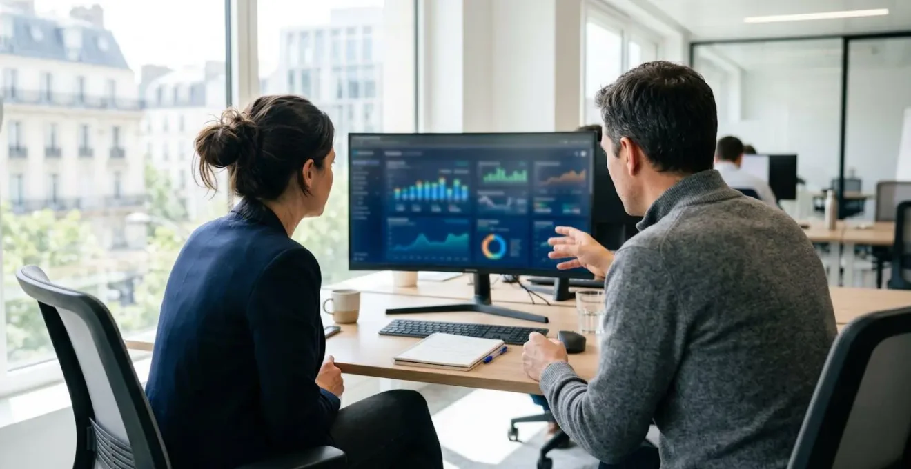 Deux professionnels vus de dos analysent des données financières sur un écran d'ordinateur dans un bureau contemporain lumineux