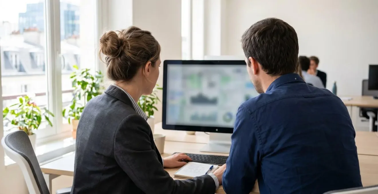 Deux professionnels vus de dos analysent des données financières sur un écran d'ordinateur dans un bureau contemporain lumineux