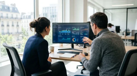 Deux professionnels vus de dos analysent des données financières sur un écran d'ordinateur dans un bureau contemporain lumineux
