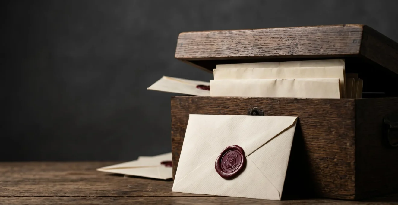 Coffre en bois ouvert contenant des documents soigneusement rangés et une enveloppe scellée à la cire rouge, symbolisant la sécurisation des preuves