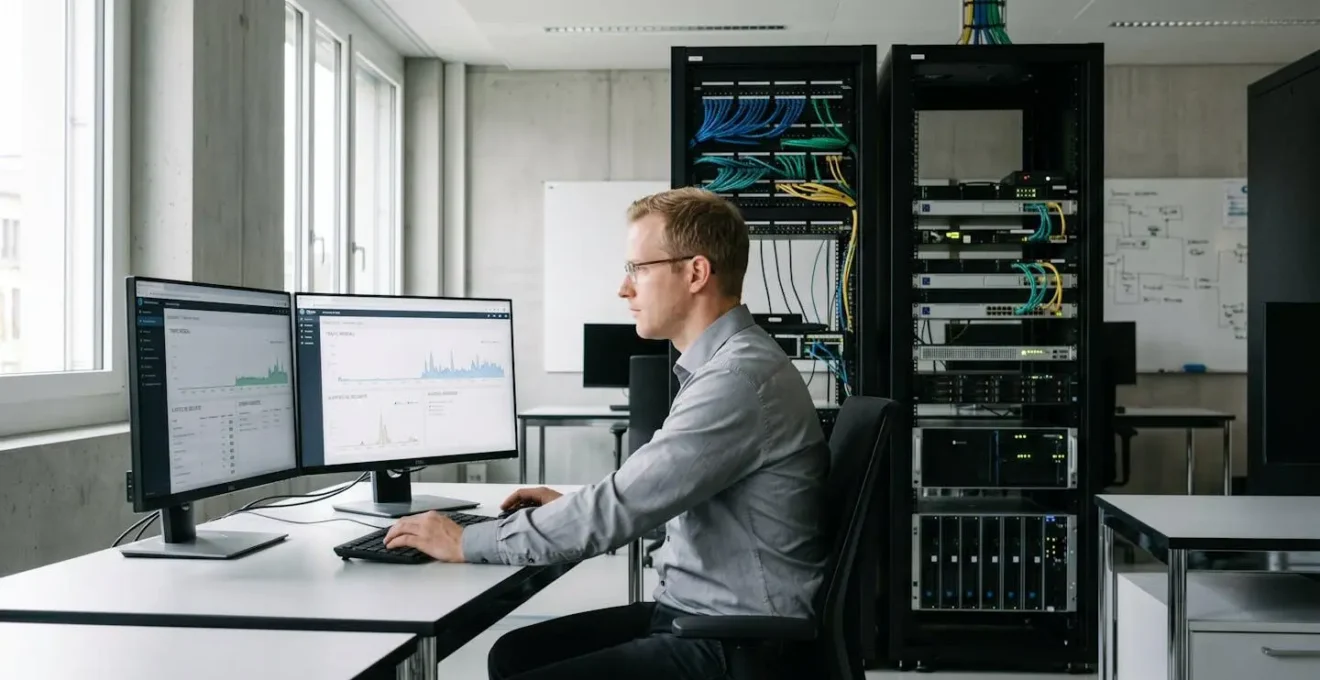 Administrateur informatique surveillant la sécurité réseau sur plusieurs écrans de monitoring dans un bureau technique moderne