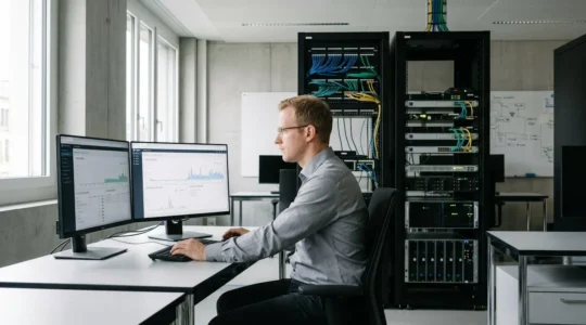 Administrateur informatique surveillant la sécurité réseau sur plusieurs écrans de monitoring dans un bureau technique moderne