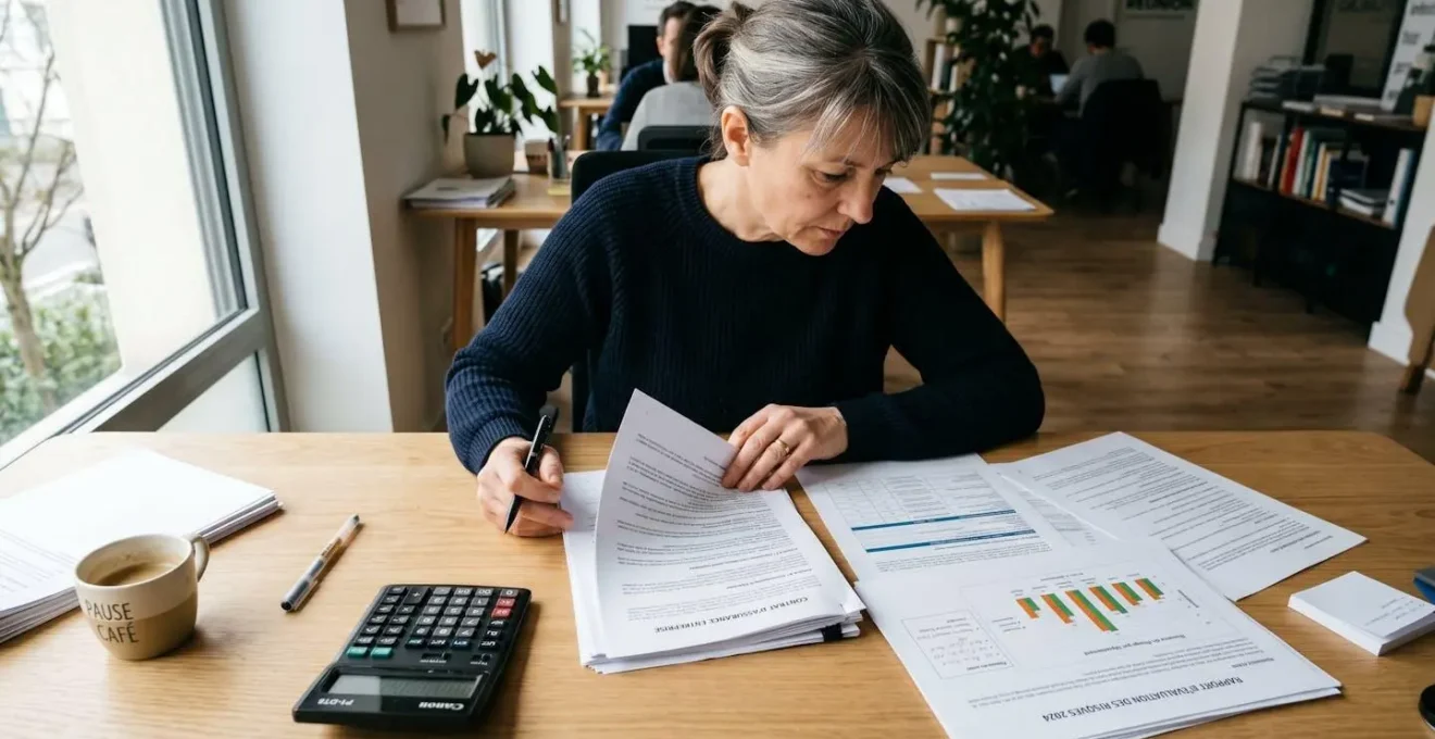 Dirigeant d'entreprise examinant attentivement des contrats d'assurance cybersécurité et des évaluations de risques sur son bureau