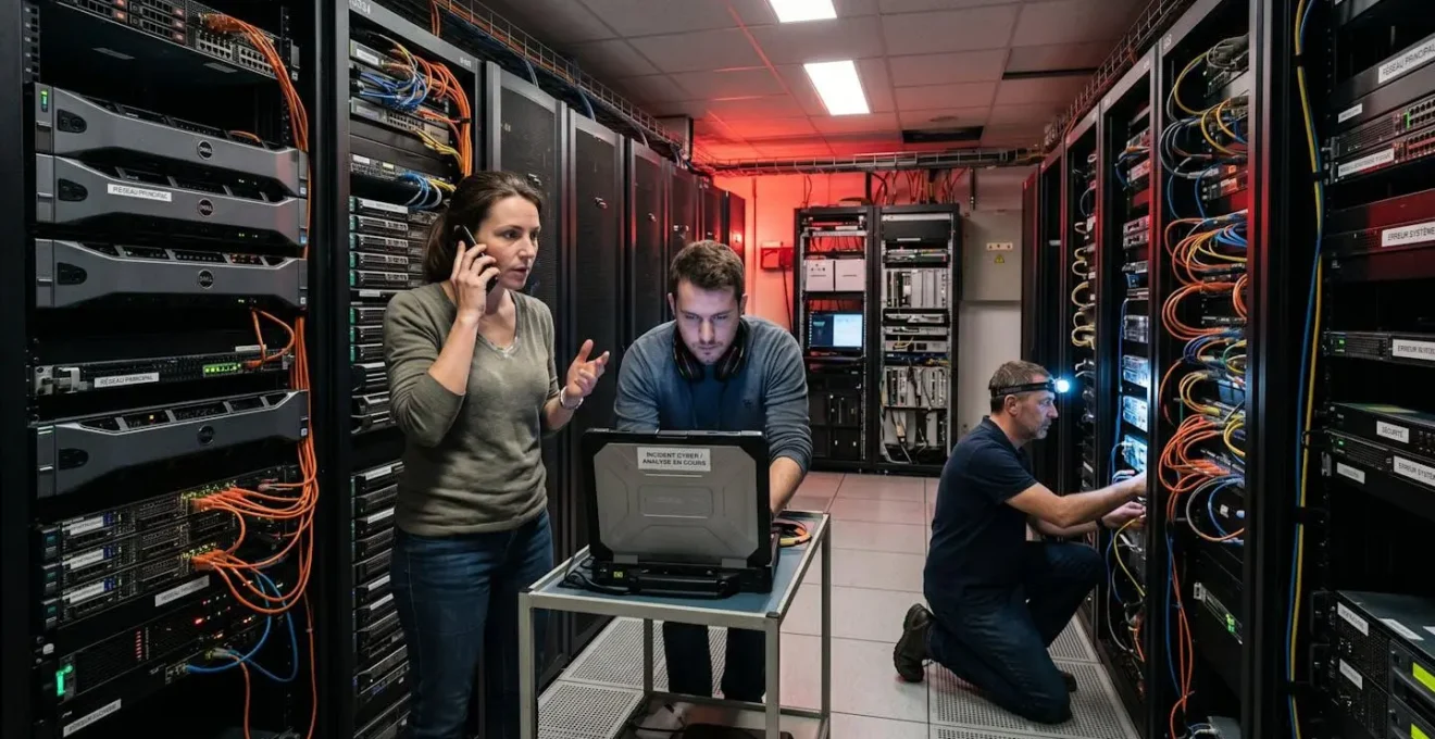 Équipe de techniciens informatiques intervenant en urgence dans une salle serveur lors d'un incident de cybersécurité