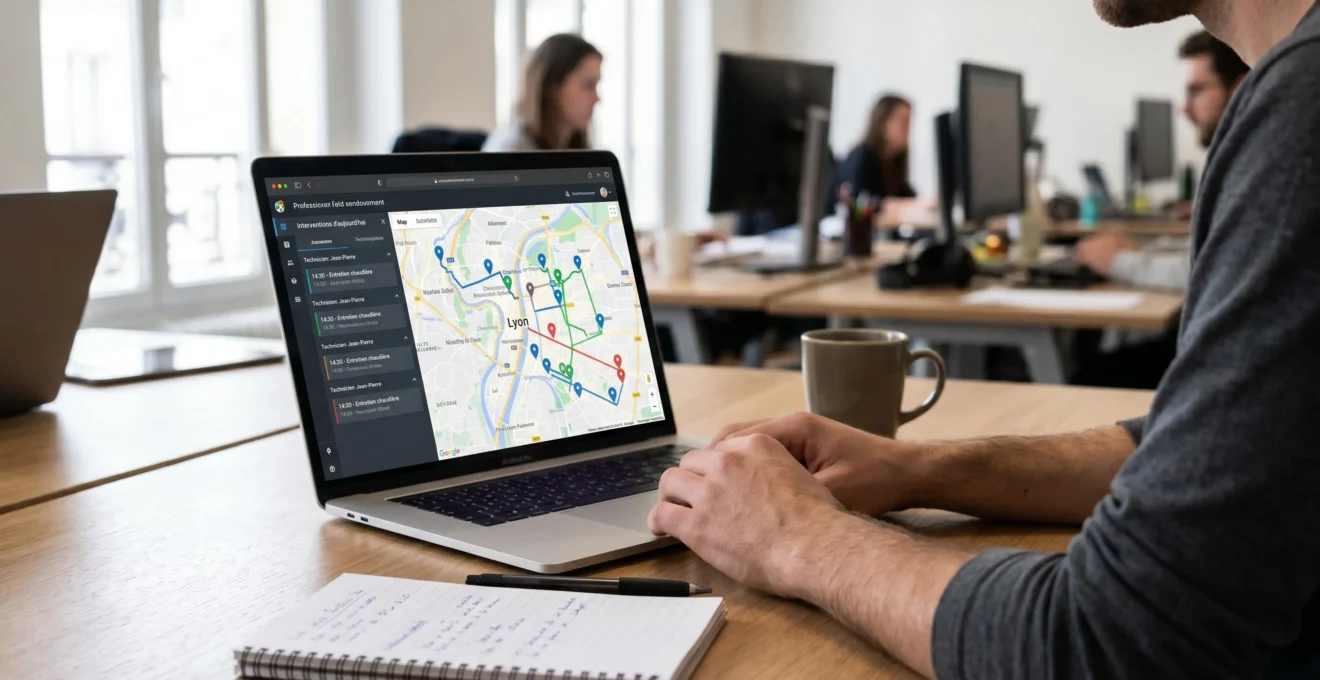 Interface de planification affichant une carte avec des tournées de techniciens optimisées