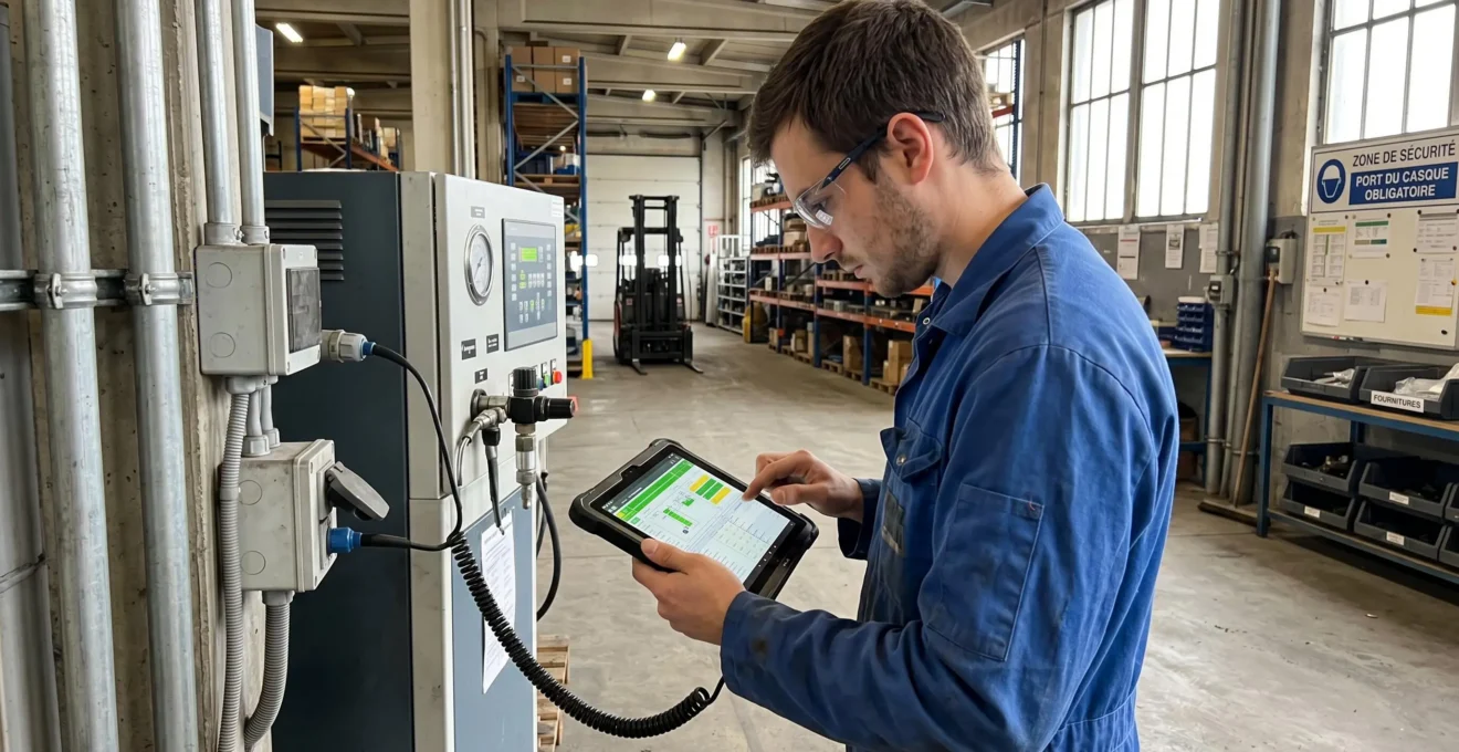 Technicien utilisant une application mobile professionnelle lors d'une intervention sur site en France