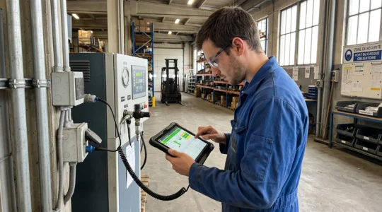 Technicien utilisant une application mobile professionnelle lors d'une intervention sur site en France