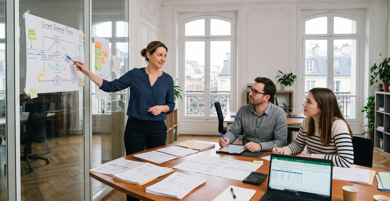 Une équipe comptable française examine un schéma de processus de facturation affiché sur une verrière de bureau.