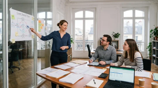 Une équipe comptable française examine un schéma de processus de facturation affiché sur une verrière de bureau.