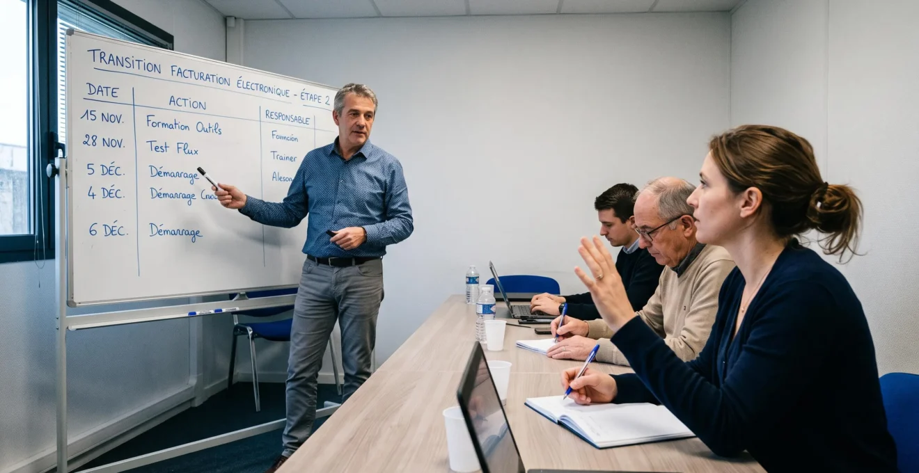 Un formateur anime une session de formation sur la facturation électronique devant trois salariés dans une salle de réunion.