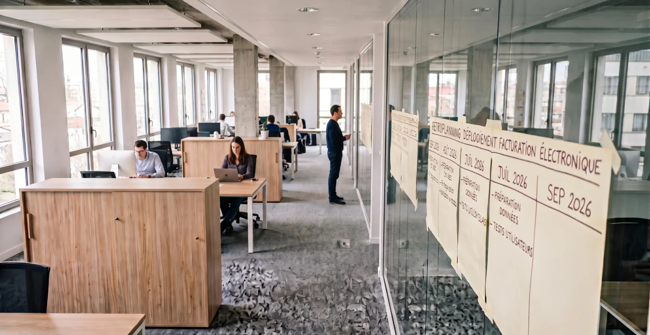Un responsable compare une liste de contrôle avec un rétroplanning affiché sur une paroi vitrée de bureau.