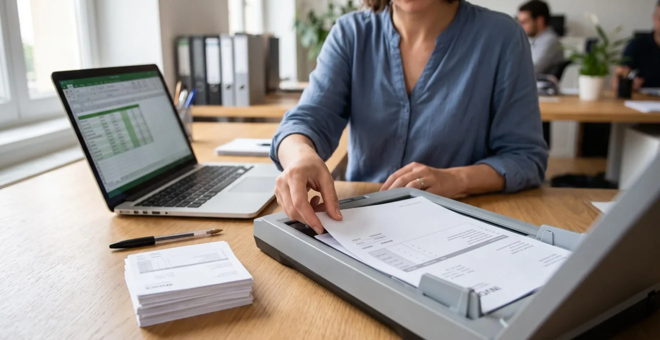 Une salariée numérise une facture papier à l'aide d'un scanner posé sur son bureau.